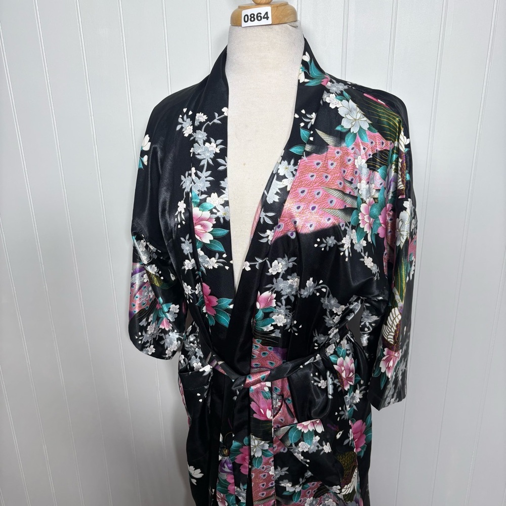 Vintage Silky Peacock Floral Kimono Robe Boho Luxe Statement Vacation Medium - Picture 5 of 9
